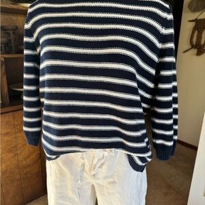 Chaps Blue and White Crew Neck Sweater with Nautical Stripes